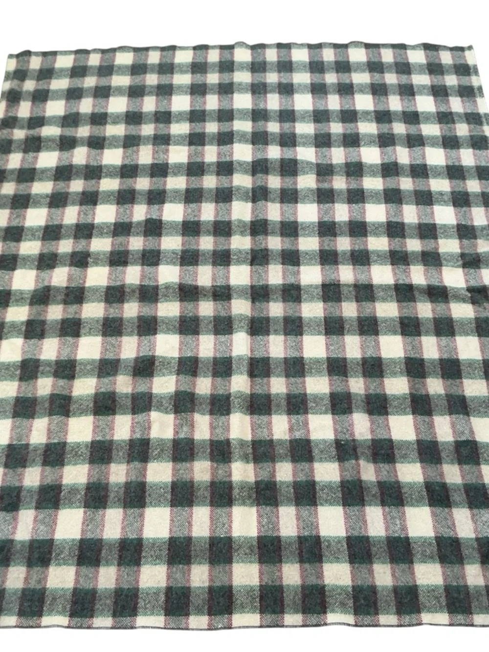 Vintage plaid red, cream, green and gray wool blanket 58x67